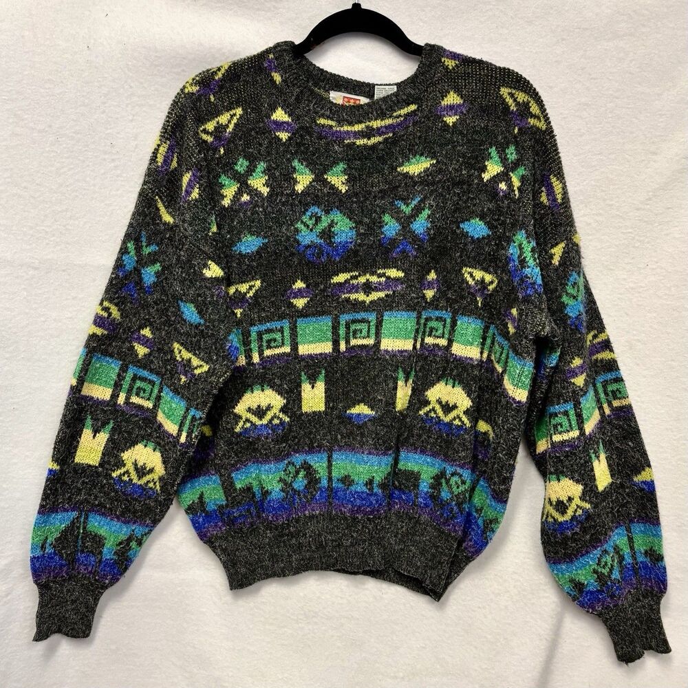Vintage 90s Crew Neck Sweater Fuzzy Gray With Geometric Arcade Print